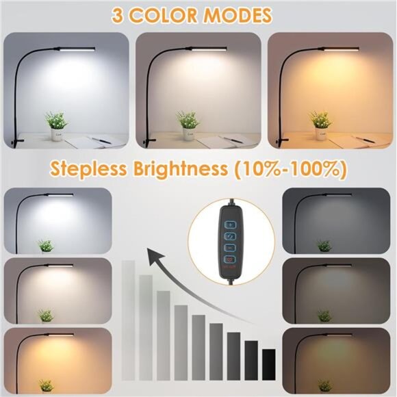 LED Desk lamp with Clamp, Eye-Caring Clip Lights for Home Office, 3 Colors - Picture 2 of 7